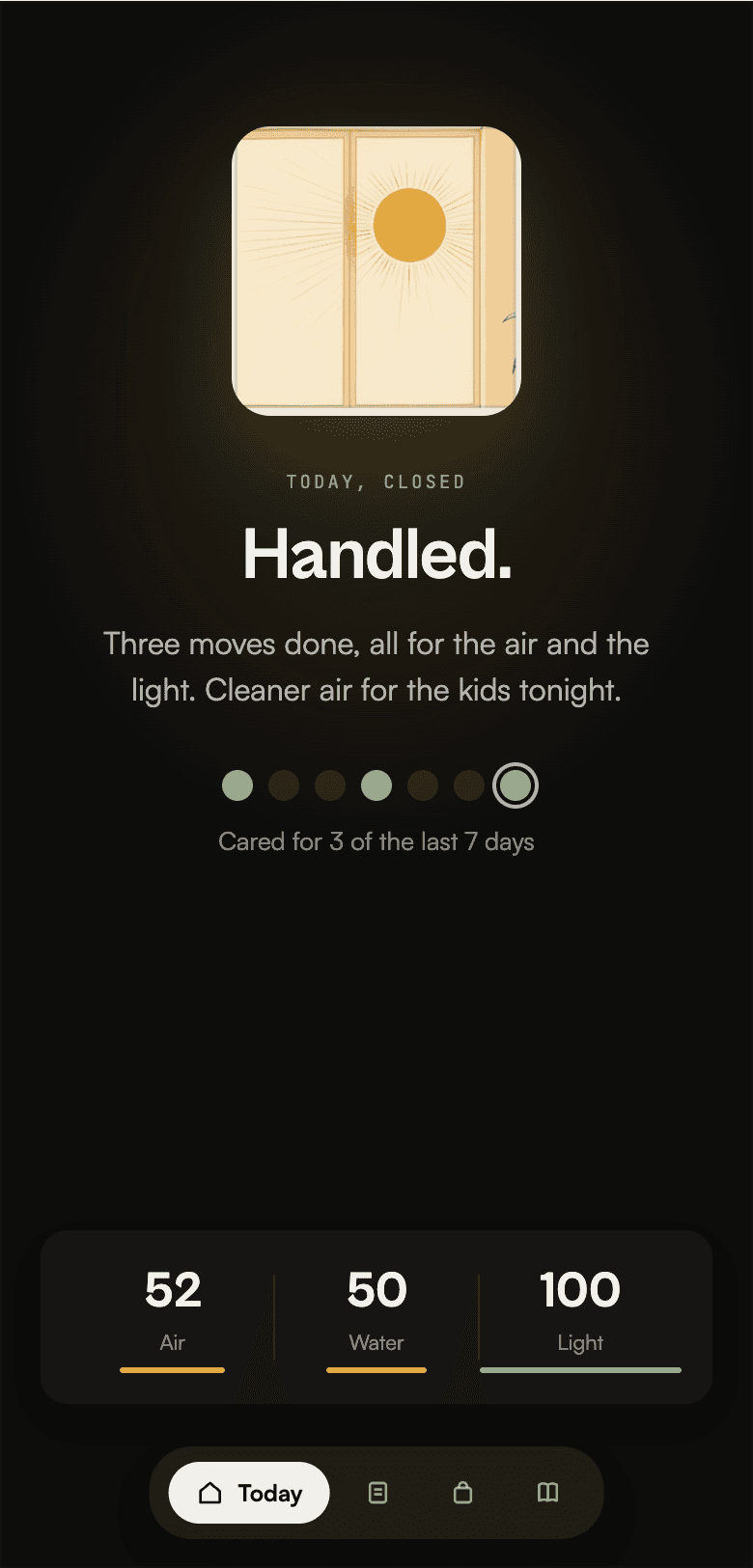 The Stasis app Today screen: the day's Stasis Score with the water, air, and light readings that moved it.