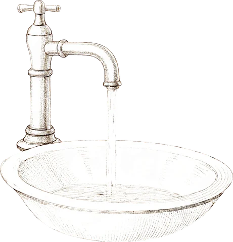 Engraving of a kitchen faucet running into a basin