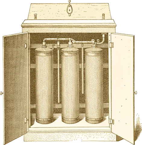 Engraving of an under-sink water filter with cartridges