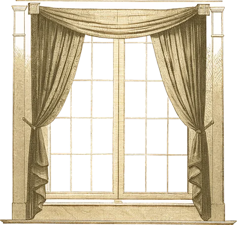 Engraving of an open window with a drawn-back curtain
